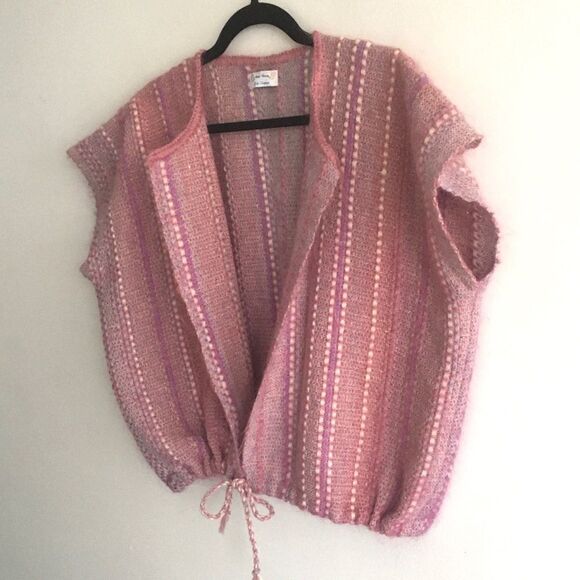 HAND KNIT Boho Sleeveless Cardigan Sweater Tie Waist Pink Purple One Size - Picture 8 of 11